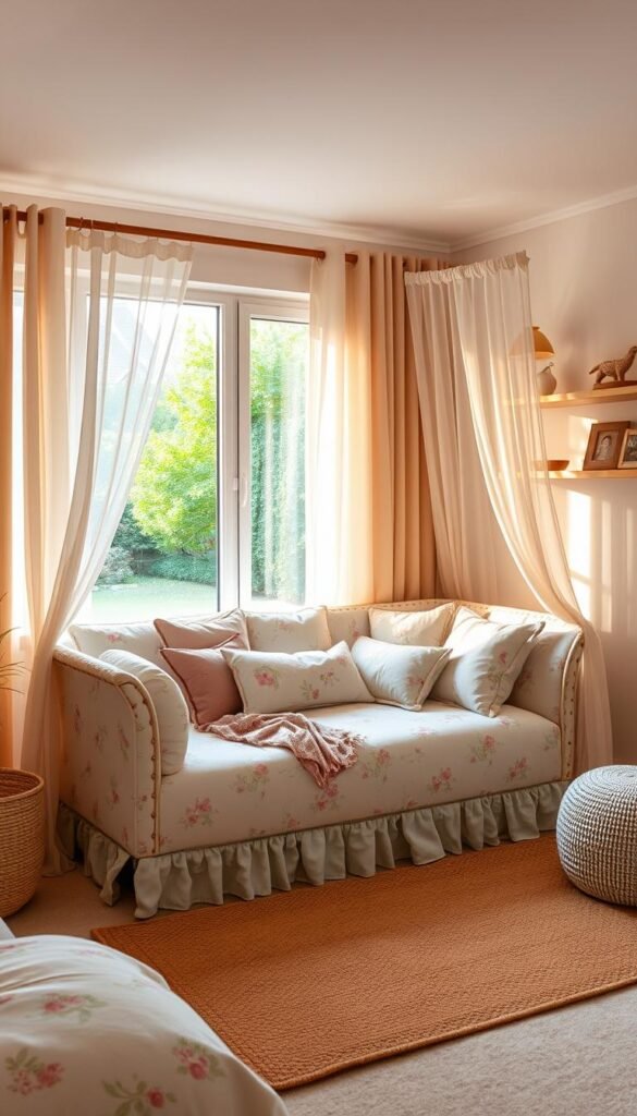 A cozy and stylish daybed in a girl's bedroom, positioned by a large window overlooking a tranquil garden. The daybed has a plush floral upholstery in soft pastel shades, complemented by delicate lace accents and a scattering of fluffy pillows. A lightweight canopy frames the bed, adding a touch of whimsy. Warm, diffused lighting filters through sheer curtains, creating a serene and inviting atmosphere. The space is further enhanced by a mix of natural textures, such as a woven rug and wooden shelves displaying personal mementos. This space-efficient daybed design maximizes the available area while providing a comfortable and versatile seating and sleeping solution for a girl's bedroom.