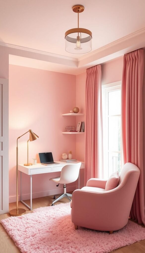 A cozy and stylish pink bedroom study nook with a plush pink accent chair, a modern white desk, and a floating bookshelf displaying decorative objects. The space is bathed in soft, warm lighting from a brass floor lamp and a delicate pendant fixture, creating a serene, intimate atmosphere. Subtle textural elements like a fluffy pink area rug and soft, pleated curtains add depth and coziness. The large window allows natural light to pour in, complementing the pastel palette. Overall, the nook feels like a harmonious, feminine oasis for studying or relaxing.