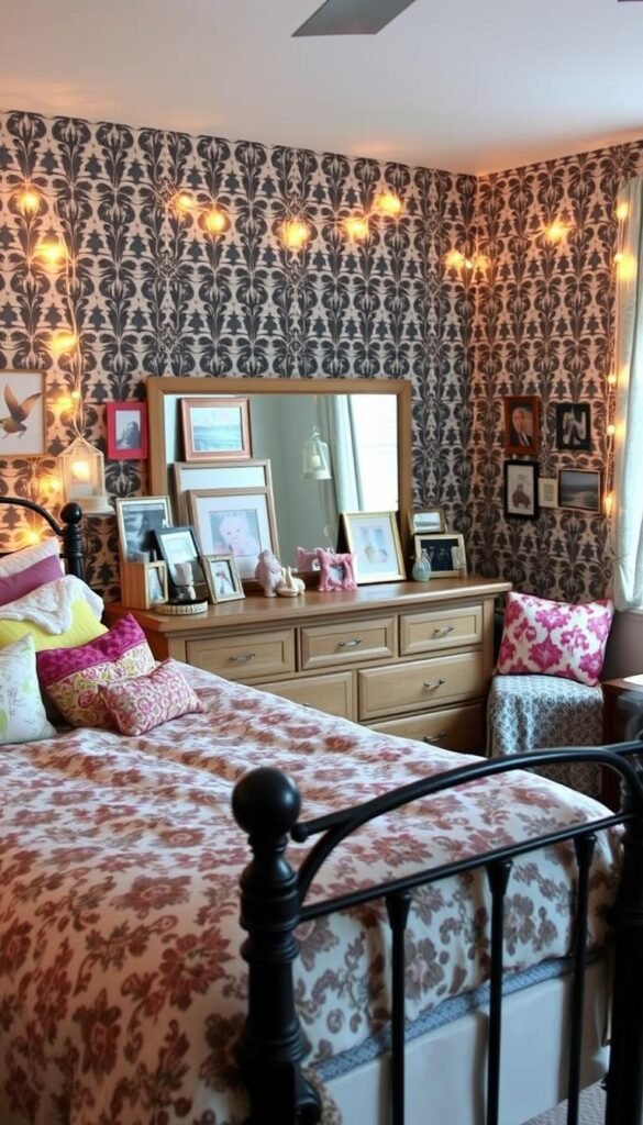 A cozy and stylish preteen girl's bedroom, with a well-curated mix of patterns and textures. In the foreground, a plush, patterned comforter adorns a vintage-inspired iron bed frame, surrounded by an eclectic assortment of throw pillows in complementary hues and prints. The middle ground features a wooden dresser with a large mirror, its surface decorated with an array of framed artwork and personal knickknacks. In the background, a feature wall showcases a bold, geometric wallpaper pattern, accentuated by string lights that cast a warm, inviting glow. The lighting is soft and diffused, creating a calming, mature ambiance that reflects the girl's growing sense of style and independence.