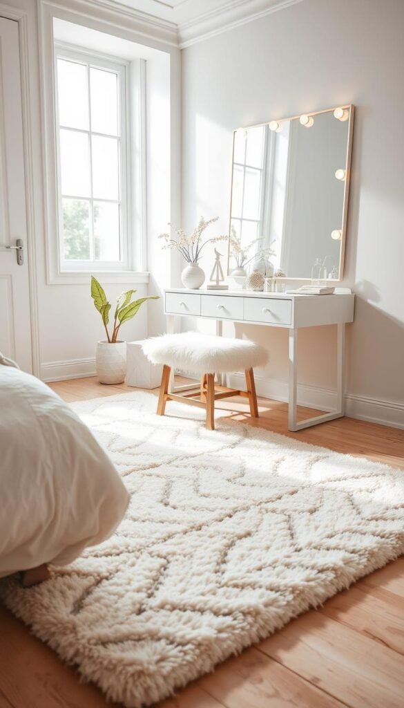 A cozy and stylish vanity area rug placed in a bright, airy girl's bedroom. The rug is a plush, high-pile design with a soft, pastel color palette that complements the room's light wood tones and white accents. Placed in front of a sleek, modern vanity with a large, well-lit mirror, the rug defines the space, creating a cozy and inviting atmosphere. Soft, natural lighting filters in through large windows, casting a warm, gentle glow over the scene. The angle captures the rug's placement in relation to the vanity, showcasing how it helps to anchor and enhance the vanity area. An overall sense of sophistication and tranquility permeates the image.