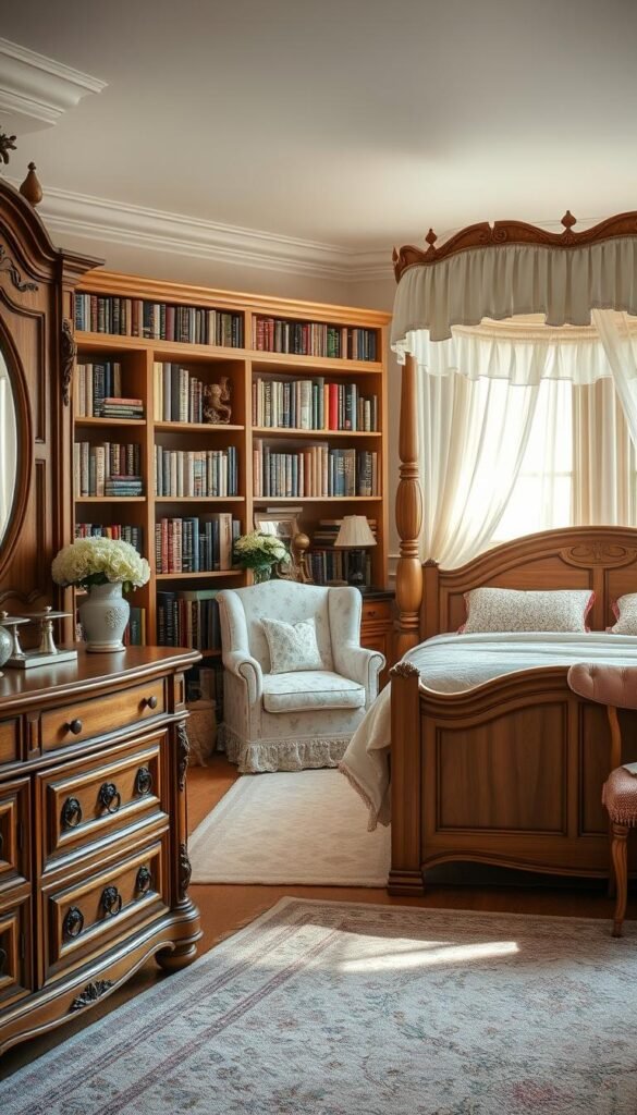 A cozy and timeless girls' bedroom with natural wood furniture and soft pastel accents. In the foreground, a sturdy wooden dresser with intricate carvings and a vintage brass mirror. In the middle, a plush armchair upholstered in a delicate floral pattern, nestled next to a floor-to-ceiling bookshelf filled with classic storybooks. The background features a large, ornate wooden bed frame with a flowing white canopy, bathed in warm, diffused lighting from a nearby window. Delicate floral arrangements, plush rugs, and soft textiles create a serene and inviting atmosphere, perfect for a girl's room that will grow with her over the years.
