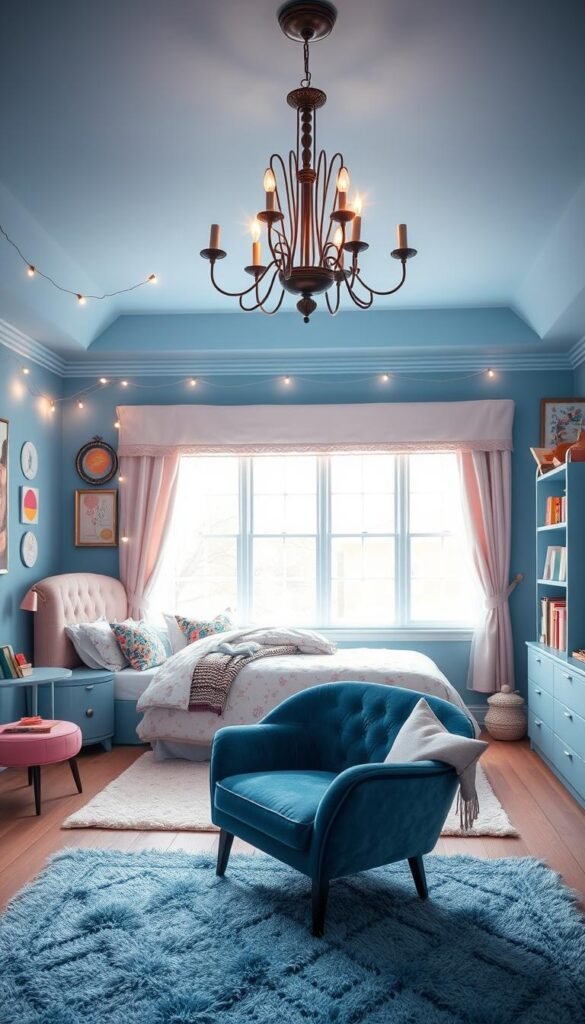 A cozy and vibrant girls' bedroom in a harmonious blue and pink color palette. The room features a plush, tufted headboard in soft, blush pink, complemented by delicate, floral-patterned bedding. Whimsical string lights cast a warm glow, while a statement chandelier in a wrought-iron finish illuminates the space. In the foreground, a chic, velvet armchair in a deep blue hue invites relaxation. The middle ground showcases a large, floor-to-ceiling window that floods the room with natural light, creating an airy, inviting atmosphere. Decorative throw pillows, bookshelves, and a plush area rug in coordinating shades of blue and pink complete the eclectic, yet cohesive design. The overall vibe is both cozy and inspiring, perfect for a creative, young girl's personal haven.