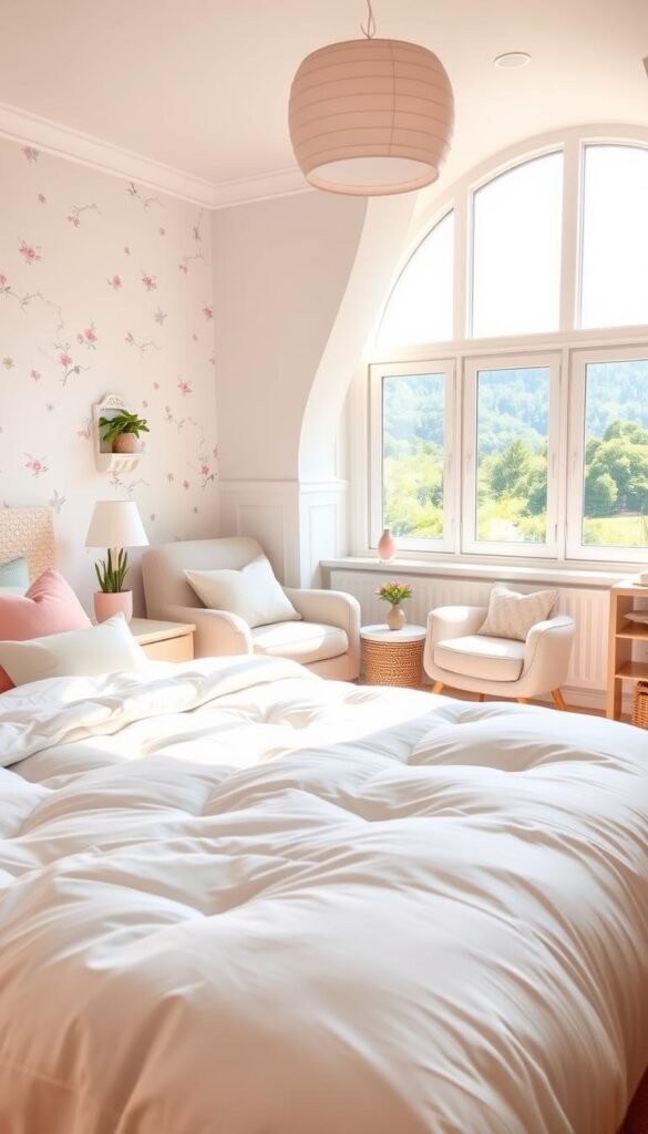 A cozy and vibrant girls bedroom with soft pastel hues, featuring a calming color palette of pale blues, pinks, and whites. The room is bathed in warm, natural lighting, creating a soothing and inviting atmosphere. In the foreground, a fluffy white duvet covers the bed, accented by plush pillows in complementary shades. On the walls, delicate floral patterns and whimsical wall decals add a touch of playfulness. The middle ground showcases a charming reading nook with a plush armchair and a small side table, while the background reveals a large window overlooking a lush, verdant landscape, further enhancing the sense of tranquility and relaxation.