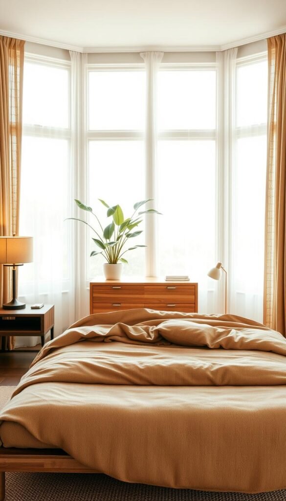 A cozy and well-lit bedroom featuring a mix of sustainable materials. In the foreground, a comfortable bed frame crafted from reclaimed wood, topped with organic cotton sheets and a plush, earth-toned comforter. On the nightstands, sleek lamps with hemp shades cast a warm glow. In the middle ground, a chic dresser made of bamboo, paired with a tall, slender potted plant. The background showcases large windows that let in abundant natural light, framed by long curtains woven from recycled fibers. Soft, muted tones and natural textures create an inviting, environmentally-conscious atmosphere.
