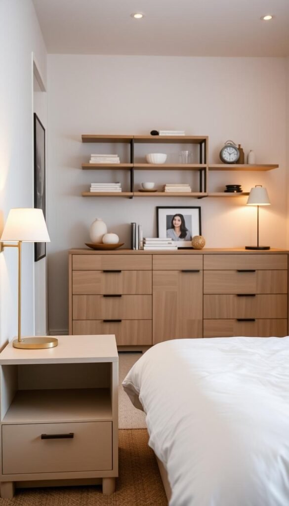A cozy and well-organized bedroom with a focus on smart storage solutions. In the foreground, a minimalist nightstand with subtle built-in shelving and drawers, providing ample space for essentials. In the middle ground, a large, low-profile dresser with clean lines and integrated handles, complementing the room's neutral color palette. Behind it, a wall-mounted set of floating shelves, elegantly displaying decorative items and neatly organizing books and knick-knacks. Soft, diffused lighting from a pair of modern, minimalist lamps casts a warm glow, creating a serene and inviting atmosphere. The overall impression is one of calm, functionality, and a refined, feminine aesthetic.