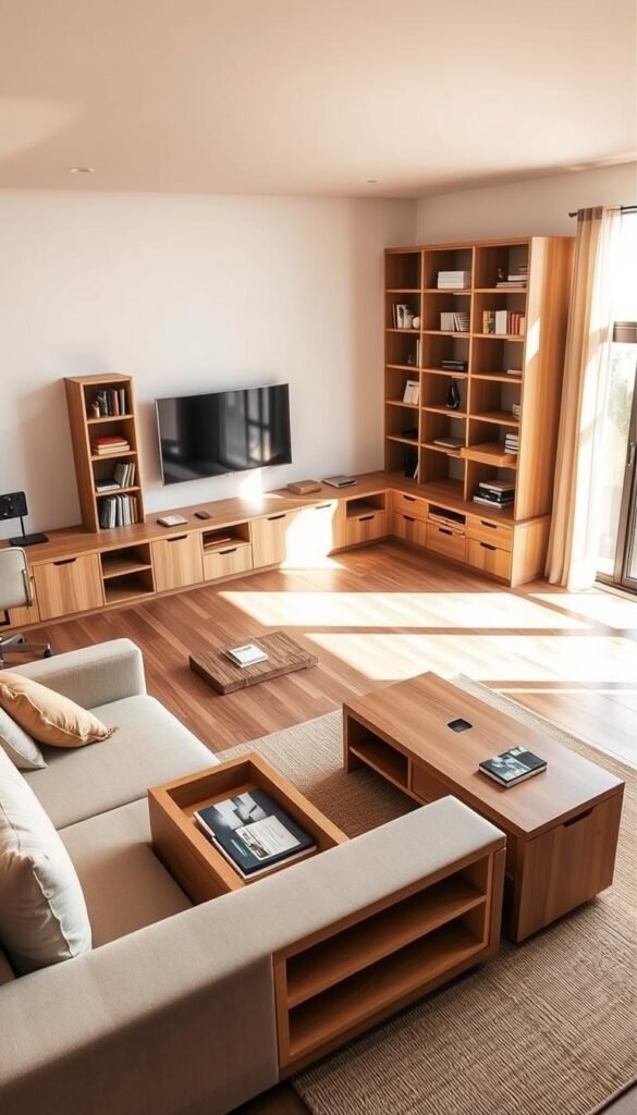 A cozy and well-organized bedroom with smart furniture solutions that maximize floor space. In the foreground, a modular sofa system with built-in storage and a transforming coffee table that can be used as a dining surface. In the middle ground, a minimalist desk with integrated shelving and a comfortable office chair. The background features a wall-mounted TV unit with hidden storage compartments, and a floor-to-ceiling bookshelf unit that doubles as a room divider. The room is bathed in warm, natural lighting from large windows, creating a balanced and inviting atmosphere.