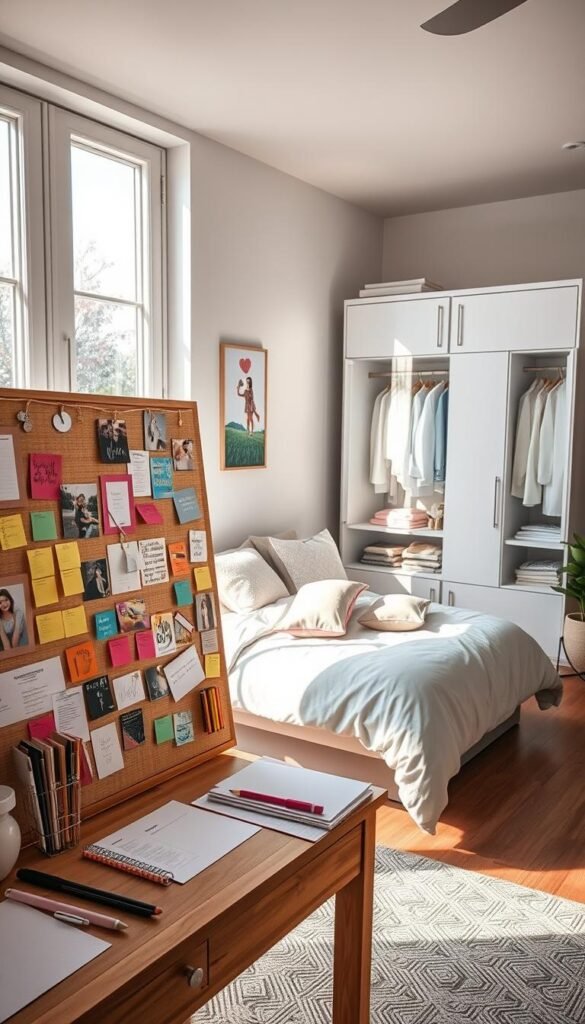 A cozy and well-organized girl's bedroom, bathed in soft, natural light streaming through large windows. In the foreground, a vision board takes shape on a wooden desk, adorned with inspiring images, colorful sticky notes, and a variety of stationery. The middle ground features a neatly made bed with plush bedding and a cluster of throw pillows, alongside a bookshelf brimming with books and trinkets. In the background, a modern and minimalist wardrobe stands tall, its doors slightly ajar to reveal a glimpse of carefully curated outfits. The overall atmosphere is one of tranquility, focus, and a sense of personal expression.