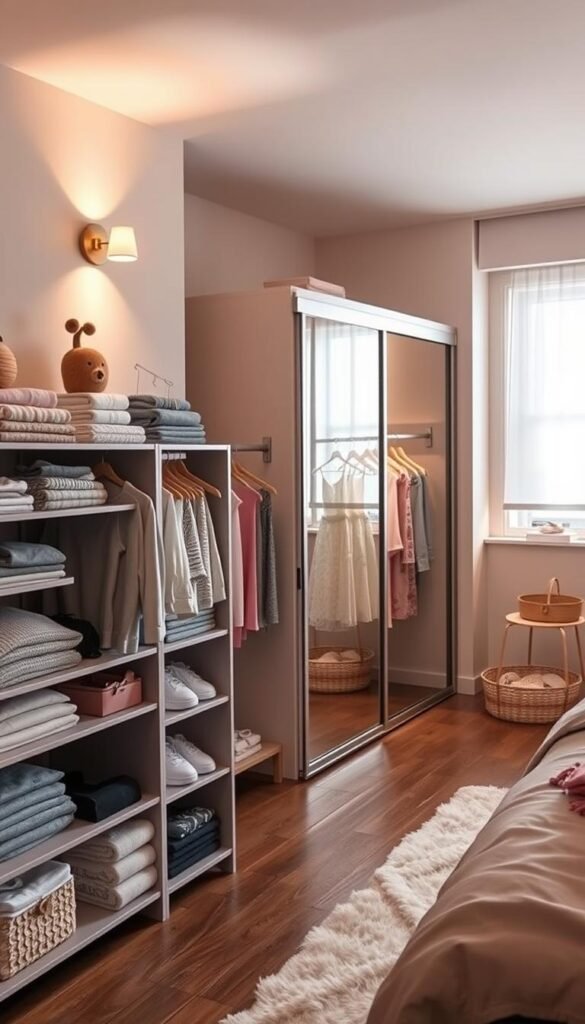 A cozy and well-organized girl's bedroom with smart clothing storage solutions. In the foreground, a sleek modular shelving system displays neatly folded clothes, accessories, and decorative elements. The middle ground features a spacious closet with sliding doors and ample hanging space for dresses and jackets. Soft, warm lighting from sconces and a large window bathes the room in a gentle glow, creating a serene and inviting atmosphere. The background showcases a plush rug, a comfortable reading nook, and subtle pops of pastel colors that complement the overall aesthetic. The scene exudes a sense of harmony, functionality, and personal style.
