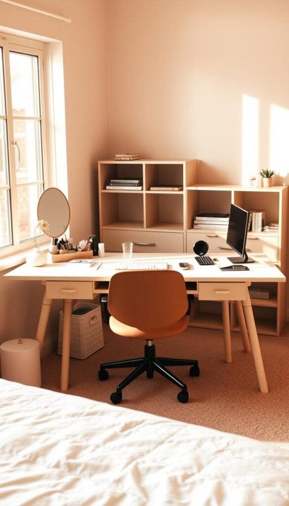 A cozy and well-organized vanity desk setup, bathed in warm, natural lighting from a large window. In the foreground, a minimalist yet functional vanity with a wide tabletop, featuring a neatly arranged array of makeup and beauty products. Behind it, a multifunctional desk with a sleek, streamlined design, providing ample workspace for both writing and computing. The middle ground showcases a comfortable, ergonomic office chair, seamlessly blending form and function. In the background, subtle shelving or storage units offer additional organization and display space, creating a cohesive and visually appealing setup. The overall atmosphere exudes a sense of productivity, tranquility, and personal style, perfect for a girl's bedroom.