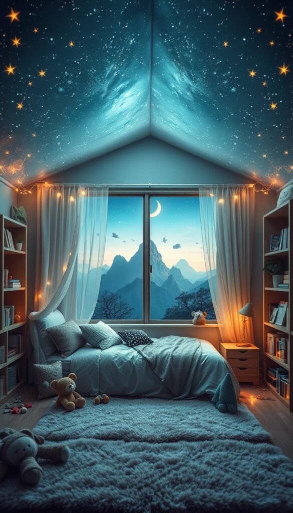 A cozy and whimsical bedroom in a magical space, illuminated by a starry night sky and twinkling fairy lights. In the foreground, a canopy bed with sheer curtains, a plush rug, and scattered plush toys, inviting imaginative play. The middle ground features a large window overlooking a fantastical landscape, with mountains, floating islands, and a crescent moon. Bookshelves line the walls, filled with storybooks and curiosities. Soft, diffused lighting creates a warm, dreamlike atmosphere, inspiring a young girl's boundless creativity and wonder.