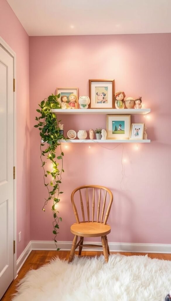 A cozy and whimsical girl's bedroom featuring a floating shelf decorated with pastel-colored ceramic figurines, framed art prints, and a lush green trailing plant. The shelf is mounted against a soft pink wall, illuminated by gentle overhead lighting that casts a warm, inviting glow. Delicate fairy lights wind along the shelf, adding a touch of enchantment. In the foreground, a plush white rug and a vintage-inspired wooden chair create a welcoming reading nook. The overall atmosphere is one of whimsy, comfort, and personal expression, perfectly suited for a young girl's personal sanctuary.