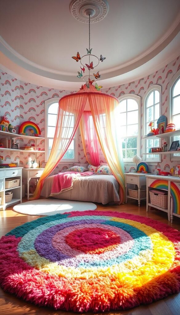 A cozy and whimsical rainbow-themed bedroom, filled with vibrant hues and playful accents. In the foreground, a plush rainbow rug adorns the hardwood floor, leading the eye towards a whimsical canopy bed draped with sheer rainbow-colored fabric. Hanging from the ceiling, a delicate mobile of rainbow-colored butterflies casts a soft, ethereal glow. The walls are adorned with rainbow-patterned wallpaper, complemented by shelves displaying an array of rainbow-themed trinkets and figurines. Sunlight streams in through large windows, illuminating the space and creating a warm, inviting atmosphere. The overall effect is one of pure joy and childlike wonder, perfect for a young girl's dreamlike haven.
