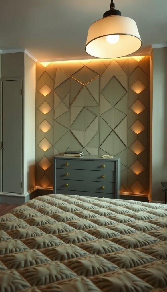 A cozy, art deco-inspired bedroom with geometric patterns in a soothing olive green color palette. In the foreground, the bed is adorned with a plush, quilted coverlet featuring a repeating diamond motif. The middle ground showcases a stylized dresser with sleek, angular lines and brass hardware. The background is filled with a feature wall of interlocking triangles and hexagons, casting a warm, ambient glow from hidden lighting. Soft, diffused lighting from a mid-century modern pendant lamp above illuminates the serene, harmonious space.