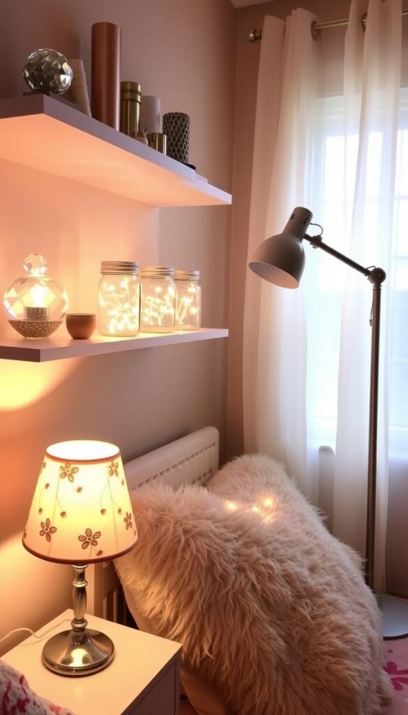 A cozy bedroom corner filled with an assortment of accent lighting decor pieces. In the foreground, a small table lamp with a delicate, floral-patterned shade casts a warm, ambient glow. On the shelves above, various decorative pieces shimmer, including a faceted crystal sphere, a metallic candle holder, and a trio of glass jars filled with twinkling fairy lights. The middle ground features a floor lamp with an adjustable arm, illuminating a plush, faux-fur throw pillow. In the background, a large window allows natural light to filter in, creating a soft, ethereal atmosphere. The overall scene exudes a sense of charm, personality, and a touch of whimsy, perfect for a girls' bedroom.