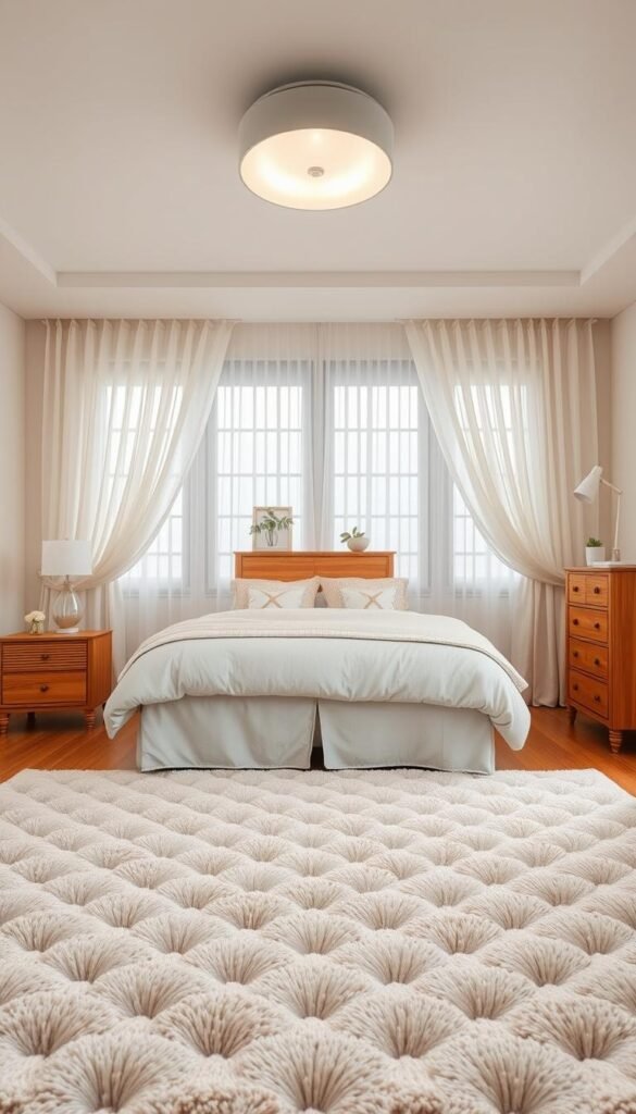 A cozy bedroom featuring a meticulously coordinated decor ensemble. In the foreground, a plush, tufted area rug in a muted pastel palette anchors the space, complementing the soft, neutral-toned bedding and delicate floral accents. The middle ground showcases a harmonious blend of wooden furniture pieces, including a dresser and nightstands, finished in a warm, honey-hued stain. Overhead, a flush-mount light fixture casts a gentle, diffused glow, enhancing the serene and inviting atmosphere. The background features a pair of airy, sheer curtains framing a large window, allowing natural light to flow in and accentuate the overall cohesive design.