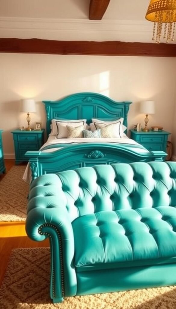 A cozy bedroom featuring a teal wooden bedframe, matching nightstands, and a tufted teal chaise lounge. The room is bathed in warm, soft lighting, creating a serene and inviting atmosphere. The furniture pieces are expertly crafted, with intricate details and a high-quality finish. The teal hues are complemented by white walls and wood accents, resulting in a harmonious and visually striking design. The arrangement of the furniture creates a sense of balance and flow, making the space feel both stylish and functional. This bedroom would be a perfect addition to a "Teal Girls Bedroom Ideas That Pop" feature, showcasing the versatility and charm of teal furniture pieces.