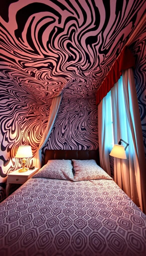 A cozy bedroom filled with a visually captivating pattern-drenched decor, creating a mesmerizing optical illusion. The walls are covered in a swirling, psychedelic wallpaper that seems to pulse and undulate, drawing the eye deeper into the space. The geometric patterned bedding and curtains complement the wallpaper, enhancing the sense of depth and disorientation. Soft, diffused lighting from table lamps and floor lamps casts a warm, dreamlike glow, adding to the immersive atmosphere. The room's perspective is slightly skewed, with an angled view that distorts the proportions and heightens the illusion of a space that seems to defy the laws of physics.