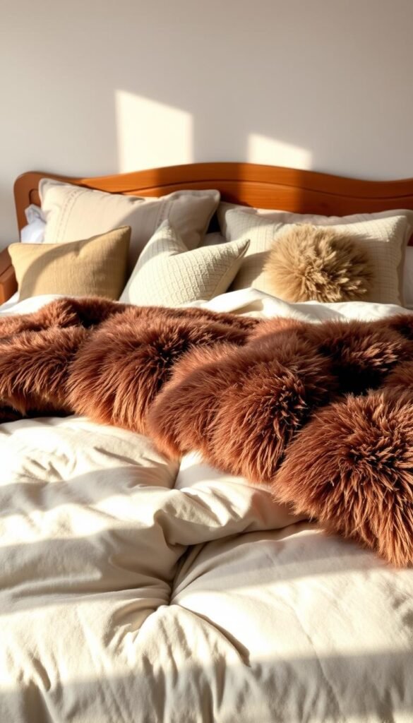 A cozy bedroom scene with a plush, layered bedding arrangement for ultimate warmth. In the foreground, a heavenly soft duvet in a neutral, muted color overlaps with a fluffy, oversized throw blanket in a contrasting, rich hue. Subtle patterns and textures add visual interest. The middle ground features several decorative pillows in coordinating shades, arranged in an artful, asymmetrical composition. In the background, a wooden headboard casts warm, directional lighting across the layers, creating depth and dimension. The overall mood is serene, cozy, and inviting, evoking a sense of hygge and winter comfort.