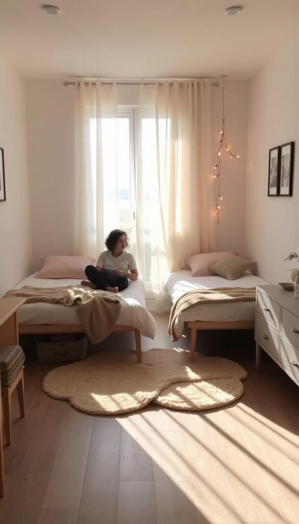 A cozy bedroom shared by two girls, with twin beds neatly arranged to create a balanced, harmonious space. Soft, natural lighting filters through sheer curtains, casting a warm glow on the minimalist furniture. The beds, positioned at an angle, form an inviting conversation area, with a plush rug and decorative pillows adding texture and visual interest. Subtle wall decor, such as framed artwork or string lights, adds a personal touch without overcrowding the room. The overall mood is serene and welcoming, encouraging a sense of shared comfort and tranquility.