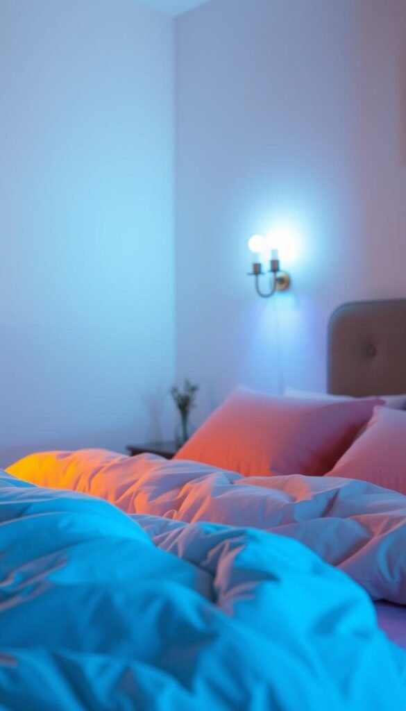 A cozy bedroom with a calming, dreamy ambiance. In the foreground, a lush bed adorned with plush bedding in shades of blue and pink. Soft, diffused lighting emanates from the edges, casting a warm, inviting glow. In the middle ground, a pair of elegant sconces mounted on the walls, their fixtures emitting a gentle, colorful radiance that complements the bedding. The background features a serene, minimalist decor, allowing the lighting to take center stage and create a serene, ethereal atmosphere. The overall scene evokes a sense of tranquility and relaxation, perfect for a bedroom retreat.