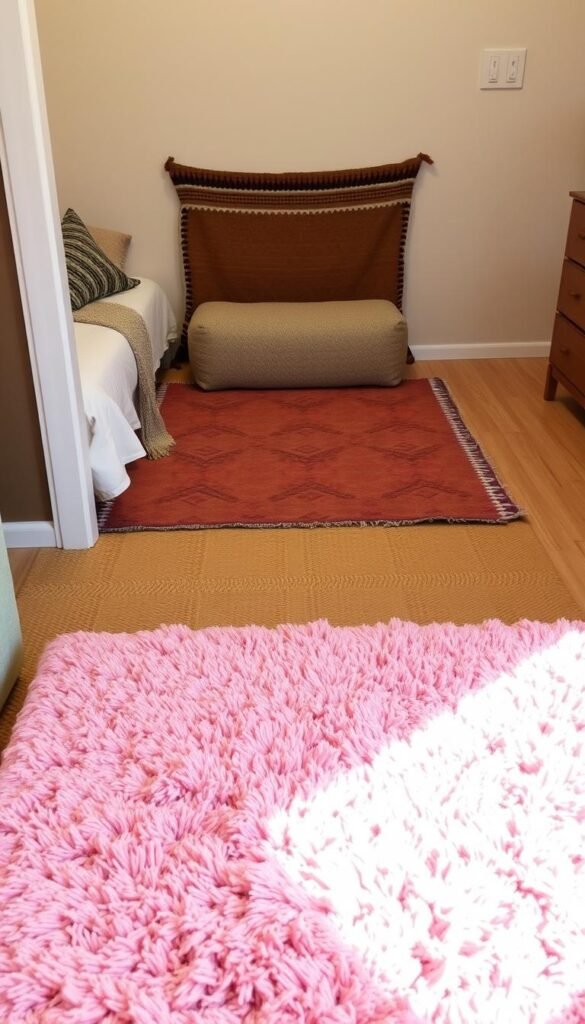 A cozy bedroom with a layered arrangement of vibrant, textured rugs. In the foreground, a plush shag rug in a soft pastel hue anchors the space, creating a warm and inviting atmosphere. Transitioning to the middle ground, a patterned kilim rug in earthy tones adds visual interest and delineates a distinct seating or reading area. In the background, a natural jute rug grounds the overall design, seamlessly blending with the room's decor. Soft, diffused lighting casts a gentle glow, enhancing the tactile quality of the layered rugs. The overall composition evokes a sense of comfort, coziness, and intentional zoning within the small bedroom space.