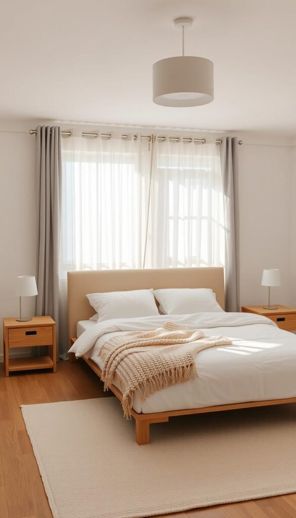 A cozy bedroom with a neutral color palette, showcasing a serene and calming atmosphere. A minimalist bed frame in soft beige tones, accented by plush white bedding and a knitted throw blanket. Sheer curtains in a pale grey shade gently filter natural light, casting a warm glow throughout the space. Wooden nightstands with simple white table lamps flank the bed, while a neutral-toned area rug grounds the composition. The walls are painted in a soothing off-white hue, creating a blank canvas for the room's muted tones. Soft, diffused lighting from a single overhead fixture illuminates the space, evoking a sense of tranquility and relaxation.