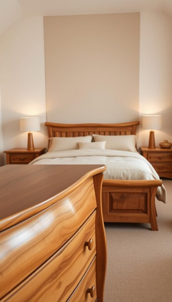 A cozy beige bedroom with natural wood furniture pieces taking center stage. In the foreground, a rustic wooden dresser with smooth curved edges, complemented by a matching bedside table. In the middle ground, a plush king-sized bed dressed in soft beige linens, flanked by two classic wood-framed nightstands. The background features a neutral-toned accent wall, accentuating the warm, earthy tones of the wood. Soft, diffused lighting from a pair of minimalist table lamps casts a gentle glow, creating a serene and inviting atmosphere. The overall scene exudes a sense of natural harmony, where the beauty of the wood furniture seamlessly blends with the soothing beige decor.