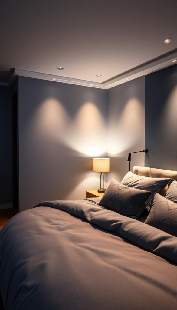 A cozy blue-grey bedroom bathed in strategic lighting, creating a serene and relaxing ambiance. The scene features a large plush bed with soft bedding, complemented by muted blue-grey walls and accents. Warm, indirect lighting from recessed ceiling fixtures and a sleek table lamp casts a gentle glow, illuminating the space with a sense of tranquility. The room is captured with a wide-angle lens, showcasing the harmonious interplay of color, light, and texture that invites you to unwind and recharge.