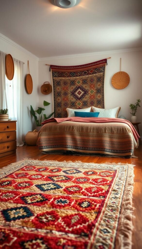 A cozy boho-chic bedroom with a layered arrangement of patterned rugs in rich earthy tones. In the foreground, a plush, textured area rug in a bold tribal print covers the hardwood floor. In the middle ground, a vintage-inspired kilim rug with an intricate geometric design adds visual interest. Behind it, a subtly shimmering jute rug in a neutral hue creates depth and grounds the scene. Warm, diffused lighting casts a soft, inviting glow, while a combination of natural textures, including woven baskets and potted plants, enhances the natural, relaxed ambiance. The overall effect is a harmonious, layered decor that defines the space and exudes a serene, bohemian vibe.