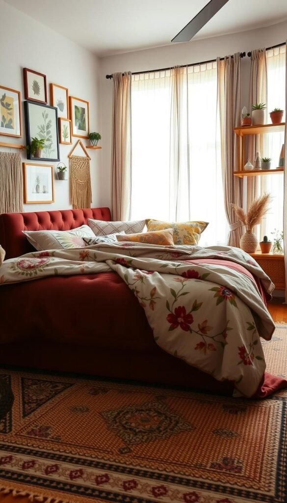 A cozy boho-inspired bedroom featuring an eclectic mix of patterns. In the foreground, a plush, tufted velvet headboard in a rich, jewel-toned hue. Draped across it, a lightweight, floral-patterned duvet cover in muted earth tones. Throw pillows in complementary ikat and geometric prints add depth and texture. In the middle ground, a woven area rug with a vintage-inspired medallion pattern grounds the space. Sheer, billowing curtains in a subtle striped print frame the large windows, filtering in soft natural light. The background showcases a gallery wall with an assortment of framed botanical prints, macrame wall hangings, and wooden shelves displaying potted plants, crystals, and other boho-chic accents.
