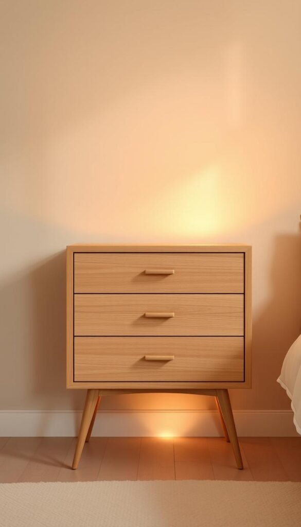 A cozy, contemporary nightstand with three drawers in a soft, natural wood finish, standing on slender yet sturdy legs. The drawers have clean, minimalist handles, providing ample hidden storage space for small items. The nightstand is positioned against a serene, muted-tone wall, bathed in warm, diffused lighting from an unseen source, creating a calming, inviting atmosphere. The overall composition exudes a sense of tranquility and thoughtful design, perfectly complementing a girls' bedroom.