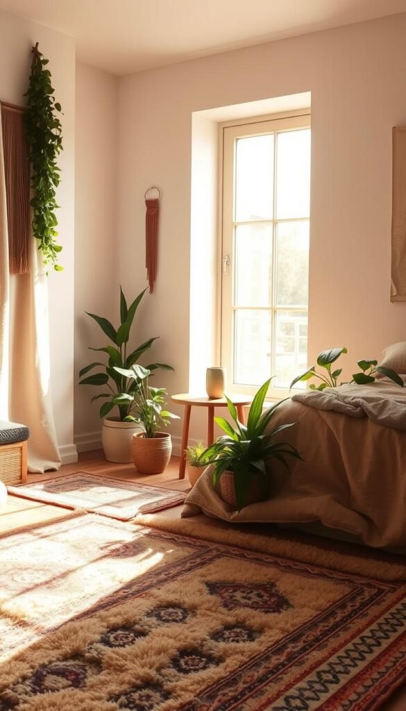 A cozy corner of a bedroom, bathed in warm natural light streaming through a window. In the foreground, a plush, layered arrangement of rugs in earthy tones and intricate patterns, creating a comfortable and inviting foundation. Interspersed amongst the rugs, potted plants of varying sizes and lush foliage add a touch of verdant life, softening the overall aesthetic. The middle ground features a small, wooden side table or end table, topped with a decorative vase or candle, complementing the organic, natural feel of the scene. In the background, the walls are adorned with minimal, yet thoughtfully curated artwork or wall hangings, further enhancing the serene and harmonious ambiance.