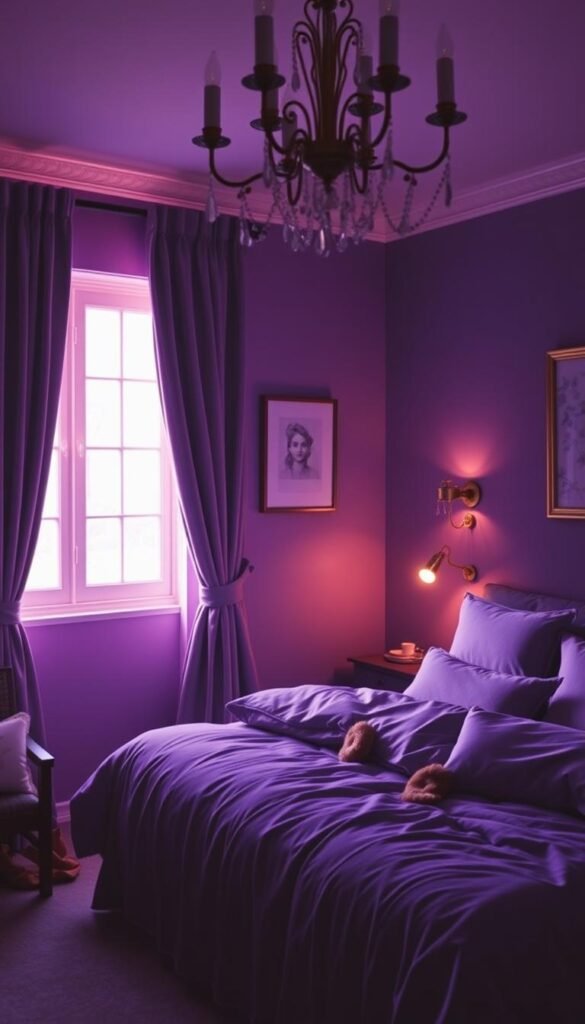 A cozy, dimly lit bedroom with a soft, purple color palette. Plush velvet curtains adorn the windows, casting a warm glow throughout the space. The bed is adorned with luxurious purple linens and fluffy pillows, inviting a sense of comfort and relaxation. Subtle lighting, such as sconces or a decorative chandelier, casts a gentle, diffused illumination. The walls are painted in a deep, rich purple hue, complemented by delicate floral accents or abstract artwork. The atmosphere is serene, calming, and exudes a touch of regal elegance, perfect for a young girl's personal sanctuary.