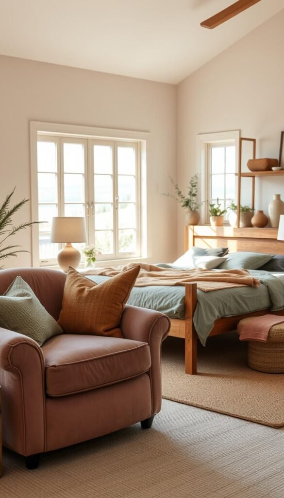 A cozy, earthy bedroom with muted pastel walls and natural textures. Afternoon sunlight streams through large windows, casting a soft, diffused glow over the space. In the foreground, a plush, overstuffed armchair upholstered in a dusty rose velvet invites you to sink in and relax. Textured throw pillows in sage and ochre hues accent the chair. The midground features a simple wooden bed frame with a linen duvet in a muted seafoam green. On the nightstands, ceramic lamps with weathered bases emit a warm, ambient light. In the background, natural wood shelving displays potted plants and artful ceramics, contributing to the grounded, organic ambiance.