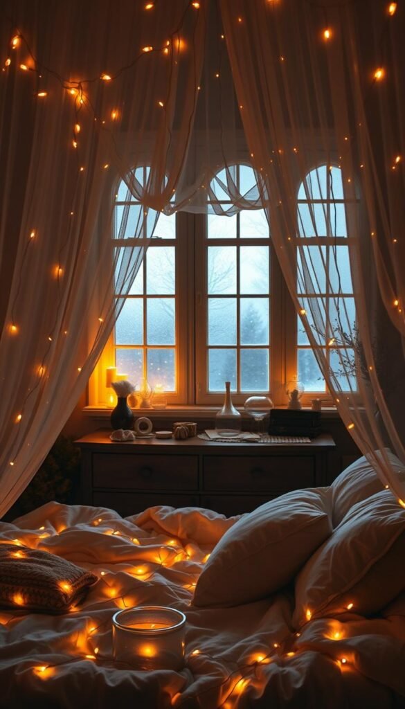 A cozy, enchanting fairy-lit bedroom, awash in a warm, ambient glow. The foreground showcases a plush, inviting bed adorned with soft, flowing linens, plump pillows, and a delicate gossamer canopy. Strings of twinkling fairy lights cascade from the ceiling, casting a magical, diffused illumination that dances across the space. In the middle ground, a wooden dresser holds an array of glass vases and ornaments, their surfaces catching the flickering light. The background reveals a pair of tall, arched windows, their panes frosted with a subtle, ethereal pattern, allowing just enough moonlight to filter in and complement the intimate, dreamlike ambiance.