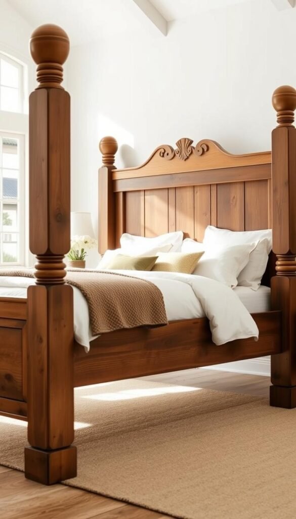 A cozy farmhouse-style bed frame in warm, distressed oak wood, with intricate woodcarved details that add rustic charm. The frame is positioned in a bright, airy room, with soft natural lighting filtering through large windows, casting a gentle glow on the wood's weathered texture. The bed is dressed in crisp, white linens, complemented by earthy, neutral-toned accents that tie the farmhouse aesthetic together. The overall scene exudes a sense of comfort and timelessness, perfectly capturing the essence of a inviting, farmhouse-inspired bedroom.