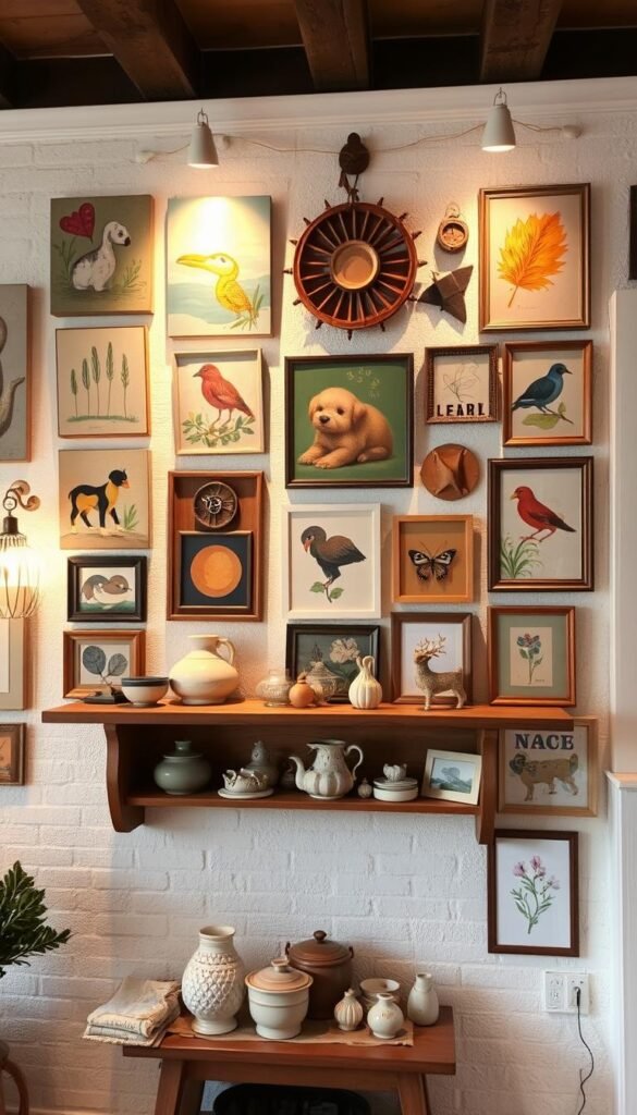 A cozy farmhouse-style gallery wall, adorned with a mix of playful and eclectic artworks. Soft, warm lighting illuminates a collection of hand-painted canvases, vintage-inspired wall hangings, and whimsical three-dimensional pieces. The middle ground features a rustic wood display shelf, showcasing an assortment of pottery, ceramic figurines, and framed botanical prints. In the background, textured white walls create a clean, airy backdrop, allowing the vibrant colors and textures of the artwork to take center stage. A sense of warmth, creativity, and personal expression radiates throughout the scene, inviting exploration and imagination.