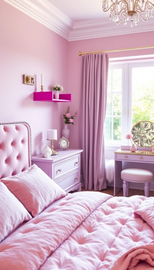A cozy, feminine bedroom featuring a selection of plush pink and purple furniture. In the foreground, a luxurious tufted velvet headboard in a soft lilac hue. Adorning the walls, a pair of floating wall-mounted nightstands in a deep, rich fuchsia. In the middle ground, a low-profile dresser in a pale lavender finish, accented with delicate crystal knobs. Beside it, a chic vanity table with a mirrored top and elegant tufted stool. In the background, a serene window overlooking a lush, verdant garden, allowing natural light to filter in and bathe the room in a warm, glowing ambiance. The overall mood is one of tranquility, sophistication, and youthful charm.