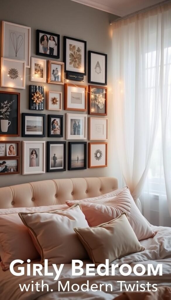 A cozy, feminine bedroom with a personalized gallery wall showcasing a unique story. In the foreground, an assortment of framed artwork, photographs, and decorative pieces hang in a visually striking arrangement, reflecting the owner's personality and interests. Delicate fairy lights and soft, warm lighting create a welcoming ambiance. The middle ground features a plush, tufted headboard and fluffy pillows in pastel hues, complementing the gallery wall. In the background, a pair of sheer curtains sway gently, allowing natural light to filter in and add to the serene, dreamy atmosphere. The overall scene exudes a sense of personal style, creativity, and a touch of whimsy, perfectly capturing the essence of a "Girly Bedroom with Modern Twists".