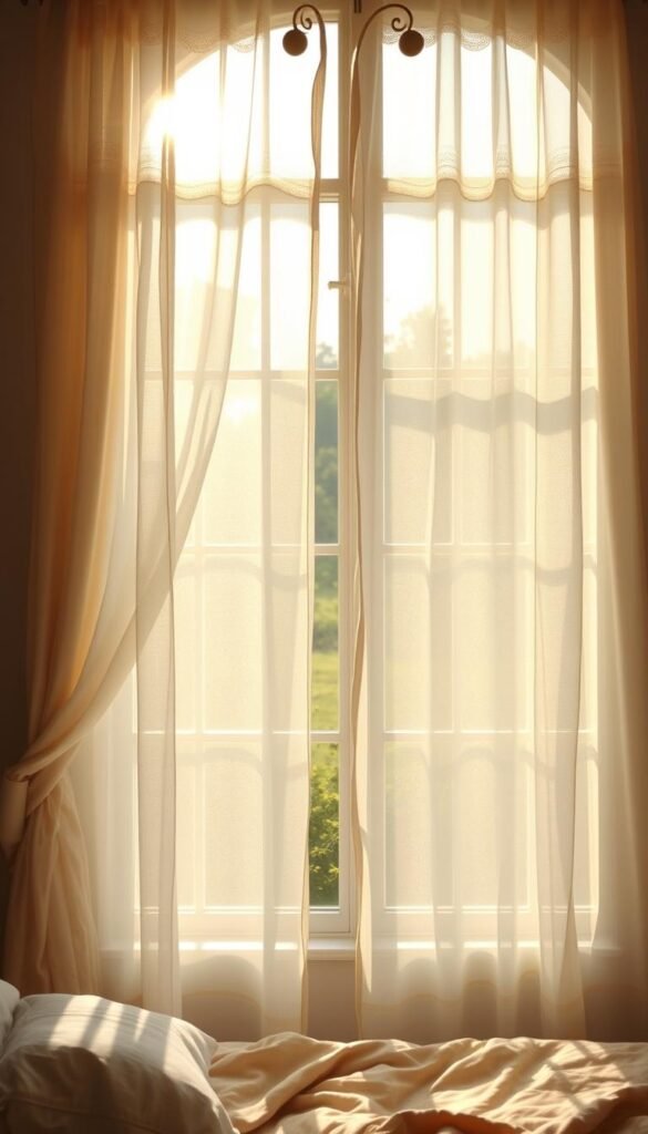 A cozy girls' bedroom bathed in soft, filtered light, with sheer curtains billowing gently in the breeze. The curtains, in a delicate floral or pastel pattern, hang gracefully from ornate rods, creating a dreamy, romantic atmosphere. Sunlight filters through the sheer fabric, casting a warm, ethereal glow throughout the space. The curtains frame the view of a peaceful outdoor scene, perhaps a garden or a serene landscape, adding to the tranquil, soothing ambiance. The overall mood is one of whimsy, comfort, and a touch of enchantment, perfectly suited for a young girl's sanctuary.