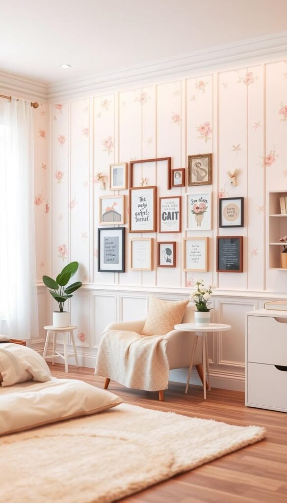 A cozy girl's bedroom with a beautifully decorated wall as the focal point. The wall features a soft pastel color palette, with delicate floral wallpaper or paneling that creates a serene and inviting ambiance. In the foreground, a plush area rug, a comfy reading chair, and a small side table with a potted plant add warmth and character. The middle ground showcases a tasteful arrangement of framed artwork, inspirational quotes, and personal mementos that reflect the girl's personality and interests. The background gently fades into a well-lit, airy space, with subtle lighting that casts a warm, natural glow. The overall scene conveys the importance of thoughtful wall decor in creating a harmonious and meaningful personal sanctuary.