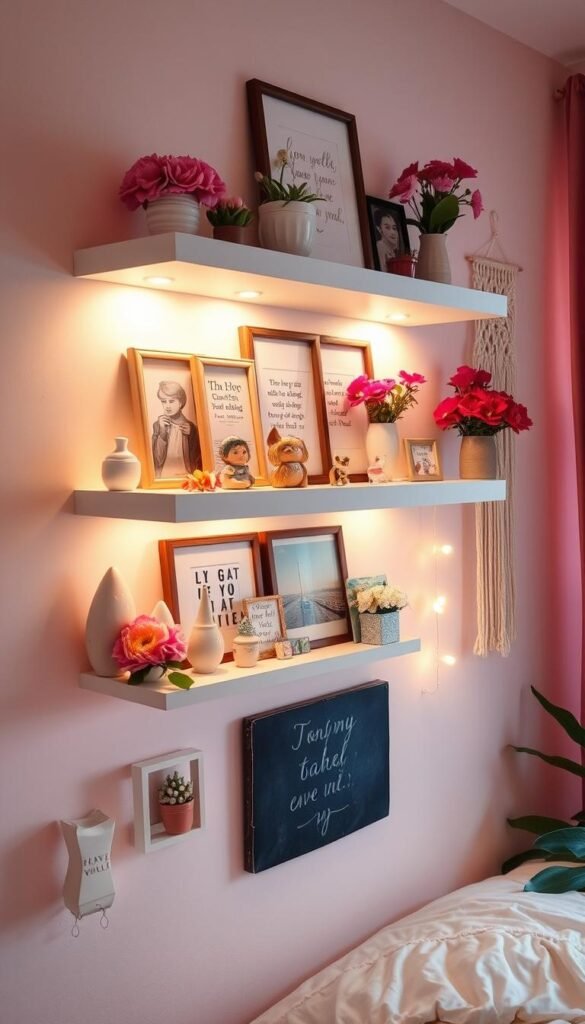 A cozy girl's bedroom with a floating white wall shelf, adorned with vibrant floral arrangements, framed artwork, and whimsical trinkets. The shelf is bathed in warm, diffused lighting, casting a soft, inviting glow. In the foreground, an array of decorative ceramic figurines, crystals, and a small potted succulent add depth and texture. The middle ground features a mix of framed prints, inspirational quotes, and a delicate macrame wall hanging. The background showcases the bedroom's pastel color scheme and a touch of greenery, creating a serene, enchanting atmosphere.