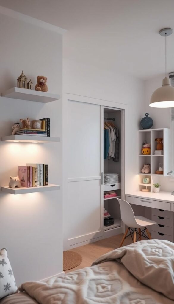 A cozy girl's bedroom with a mix of stylish and functional storage solutions. In the foreground, a set of white floating shelves display decorative items and books, casting soft, even lighting. The mid-ground features a custom built-in closet system with sliding doors, neatly organizing clothes, toys, and school supplies. In the background, a modular desk with drawers and cubbies provides ample space for studying and work, illuminated by a minimalist pendant light. The overall mood is one of calm, productivity, and efficient use of a small space.
