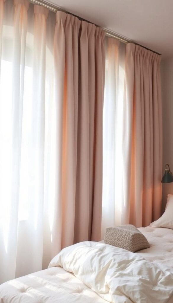 A cozy girls' bedroom with plush blackout curtains in a soft, muted color palette. The curtains hang elegantly, creating a serene and calming atmosphere. Gentle, diffused lighting filters through, casting a warm glow and subtle shadows. The curtains are tailored and full, blocking out external light to ensure a restful and undisturbed sleep. The bedroom is decorated in a harmonious blend of pastel tones, creating a tranquil and inviting space. The blackout curtains are the focal point, effortlessly blending functionality and aesthetic appeal.