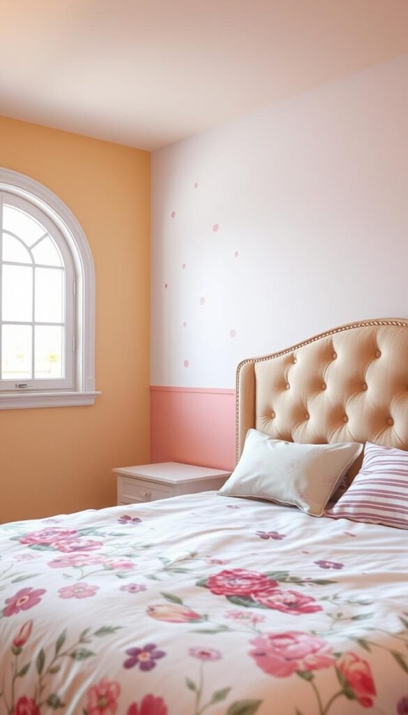 A cozy girl's bedroom with soft, pastel-hued walls, featuring a delicate floral mural in the foreground. The mural has been painted using a combination of watercolor-inspired brushstrokes and intricate stencil work, creating a whimsical, dreamy ambiance. In the middle ground, handpainted dotted and striped patterns add playful texture to the wall, complemented by a plush, tufted upholstered headboard. The background showcases a large, arched window, letting in warm, diffused natural light that gently illuminates the space. The overall mood is one of creativity, wonder, and feminine charm.