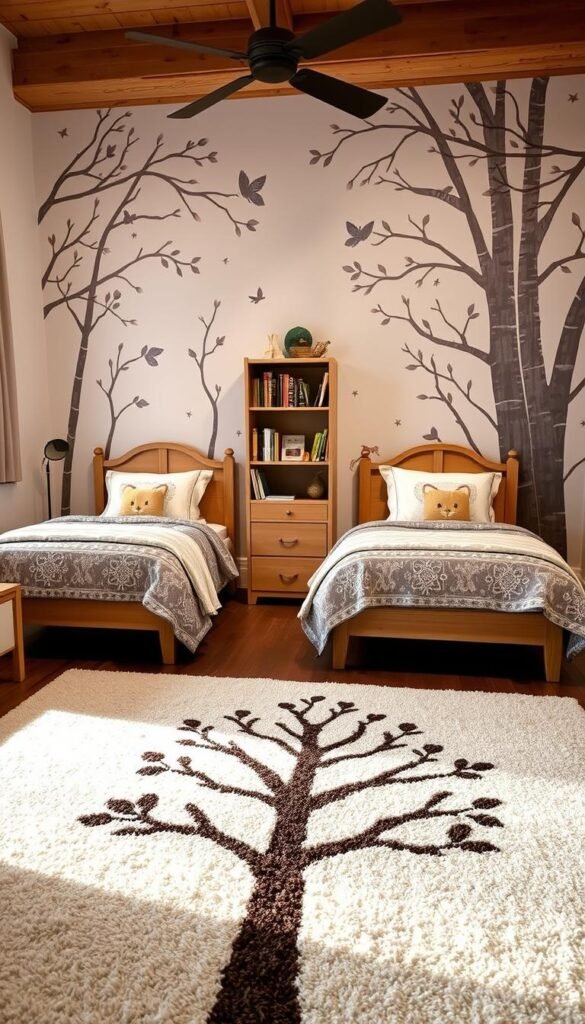 A cozy, harmonious girls' bedroom with a unifying woodland theme. In the foreground, a plush, textured rug with a tree silhouette motif anchors the space. Midground showcases matching twin beds adorned with forest-inspired bedding, nightstands, and a tall bookshelf filled with storybooks. The background features a large mural depicting a whimsical woodland scene, with delicate branches, leaves, and wildlife accents. Soft, diffused lighting creates a warm, inviting ambiance. The overall design exudes a sense of balance, comfort, and shared joy, reflecting the interests and personalities of the room's two occupants.