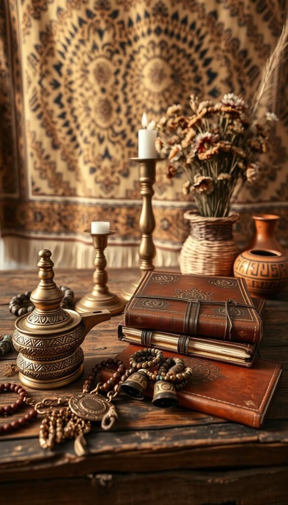 A cozy, inviting arrangement of global vintage decor accents on a rustic wooden surface. In the foreground, an ornate brass incense burner, a collection of intricate tribal jewelry, and a leather-bound journal with embossed designs. In the middle ground, an antique brass candlestick, a woven basket overflowing with dried flowers, and a handcrafted ceramic vase. The background features a tapestry with intricate geometric patterns, casting a warm, earthy glow across the scene. The lighting is soft and diffused, creating a serene, inviting atmosphere. Captured with a wide-angle lens to showcase the harmonious blend of textures, colors, and cultural influences.