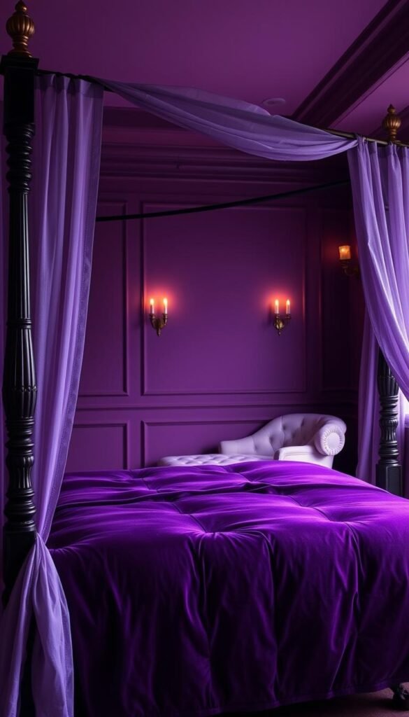 A cozy, inviting bedroom bathed in a spectrum of rich, regal purple hues. In the foreground, a plush velvet duvet in deep eggplant covers a four-poster bed, its ornate frame casting dramatic shadows. Delicate sheer curtains in lavender drift lazily in a gentle breeze, filtering soft, diffused light. The middle ground showcases a chaise lounge in a lighter lavender tone, its tufted upholstery inviting relaxation. In the background, a feature wall in a deep, moody aubergine hue provides a sumptuous backdrop, accentuated by sconces casting a warm, ambient glow. The overall mood is one of serene sophistication, transporting the viewer to a realm of royal elegance.