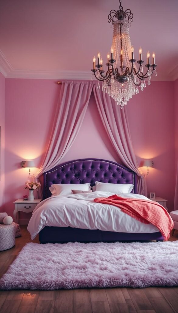A cozy, inviting bedroom bathed in soft, warm lighting. The walls are painted in a soothing blend of pink and purple hues, creating a serene and calming atmosphere. The plush, oversized bed is adorned with a luxurious, tufted headboard in a deep, rich purple, complemented by soft, flowy curtains that billow gently in the breeze. Scattered throughout the room are delicate, pink accent pieces, such as a plush rug, a vase of fresh flowers, and a cozy throw blanket. The lighting, a combination of subtle wall sconces and a grand, crystal chandelier, casts a gentle, diffused glow, enhancing the room's peaceful and relaxing ambiance. The overall scene evokes a sense of comfort, tranquility, and a touch of feminine elegance.