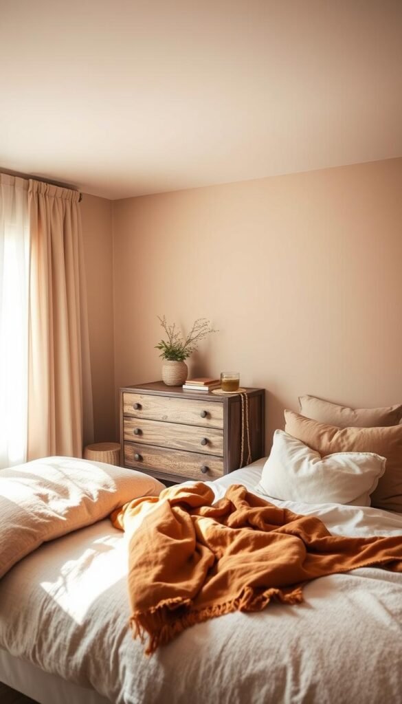 A cozy, inviting bedroom bathed in warm, neutral tones. The walls are painted in a soft, earthy beige, creating a calming and serene atmosphere. The bedding features plush, textured fabrics in shades of taupe and ivory, with subtle pops of mustard yellow and terracotta accents. Soft, diffused lighting filters through sheer curtains, casting a gentle glow throughout the space. A rustic wooden dresser stands in the middle, adorned with natural elements like a potted plant and a decorative glass vase. The overall effect is one of comfort, relaxation, and a sense of welcoming that would be perfect for a girls' bedroom.